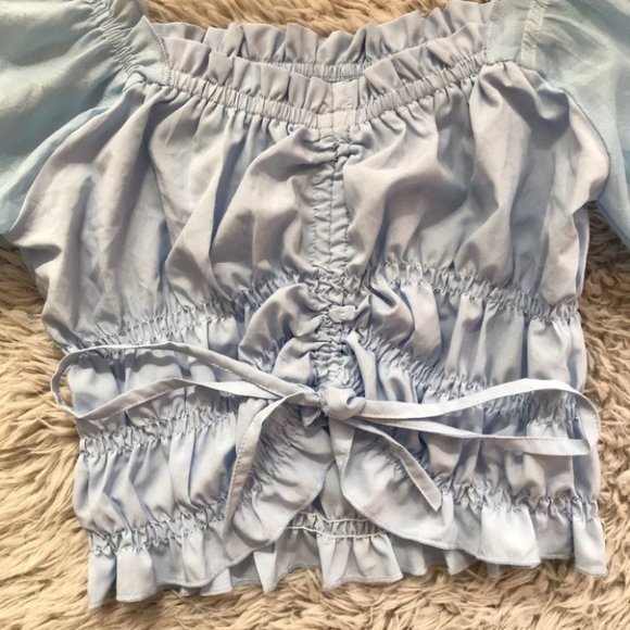 Blue Puffed Sleeve Ruched Tie Up Blouse - Picture 2 of 2